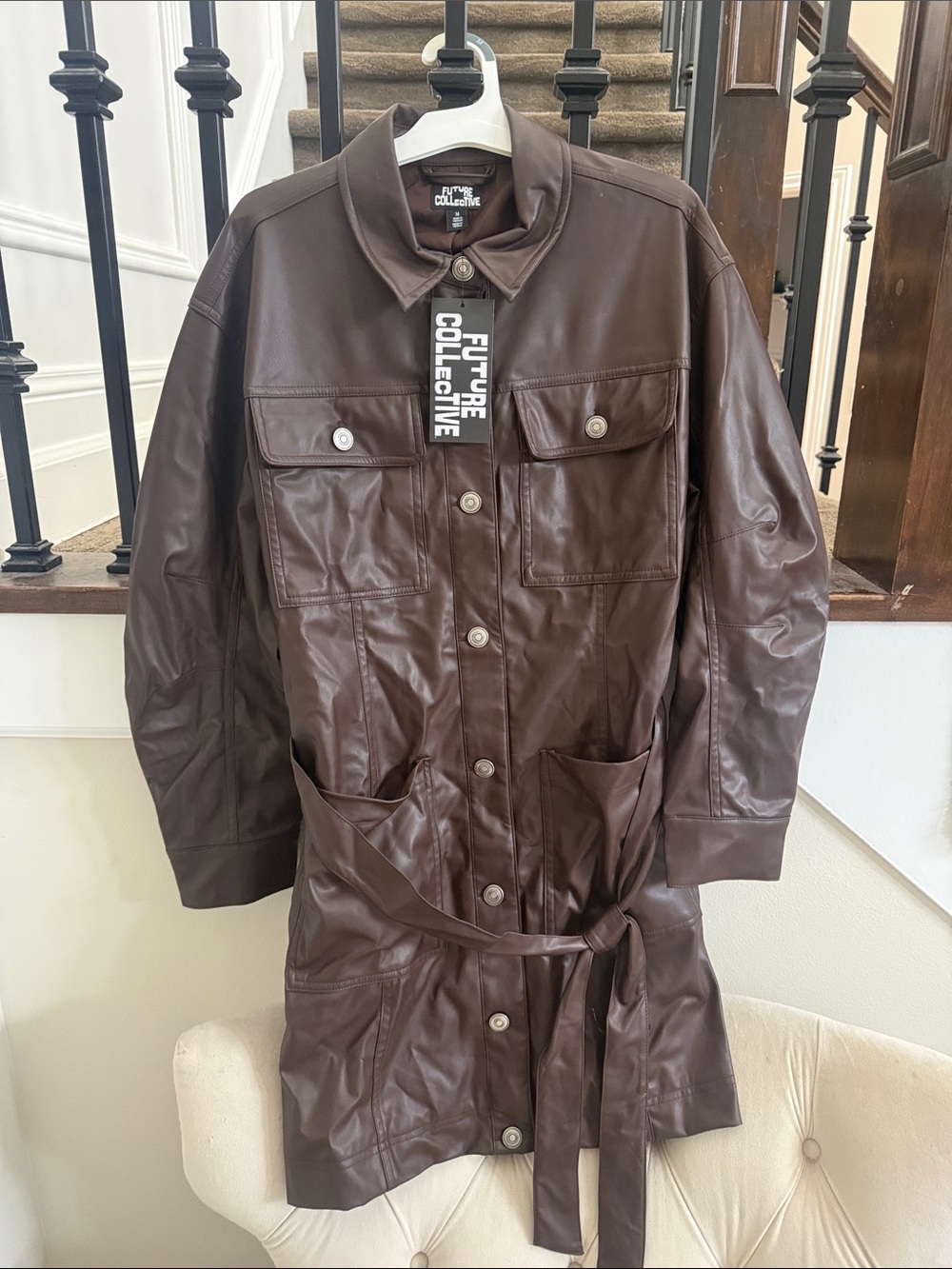 Future Collective Women's Brown Faux Leather Trench Coat